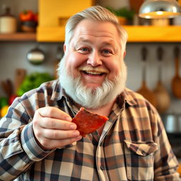 A chubby white man with a beard, smiling joyfully while holding a piece of liver in his hand