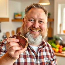 A chubby white man with a beard, smiling joyfully while holding a piece of liver in his hand