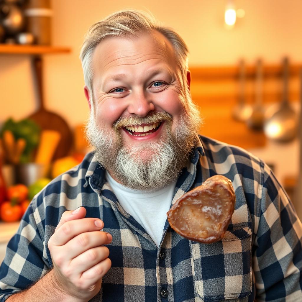 A chubby white man with a beard, smiling joyfully while holding a piece of liver in his hand