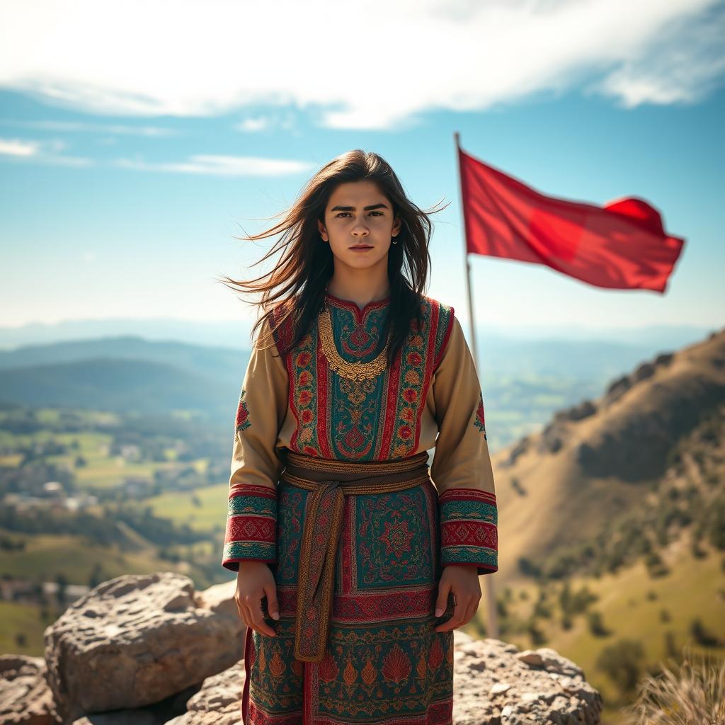 A young Kurdish king standing confidently on a rocky hilltop, wearing a traditional Kurdish outfit made of finely embroidered fabric with vibrant colors, adorned with golden ornaments