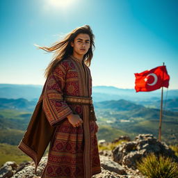 A young Kurdish king standing confidently on a rocky hilltop, wearing a traditional Kurdish outfit made of finely embroidered fabric with vibrant colors, adorned with golden ornaments