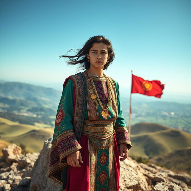 A young Kurdish king standing confidently on a rocky hilltop, wearing a traditional Kurdish outfit made of finely embroidered fabric with vibrant colors, adorned with golden ornaments