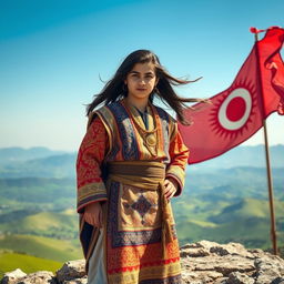 A young Kurdish king standing confidently on a rocky hilltop, wearing a traditional Kurdish outfit made of finely embroidered fabric with vibrant colors, adorned with golden ornaments