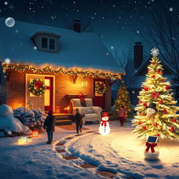A beautifully decorated outdoor scene for Christmas, showcasing solar-powered decorations and lighting