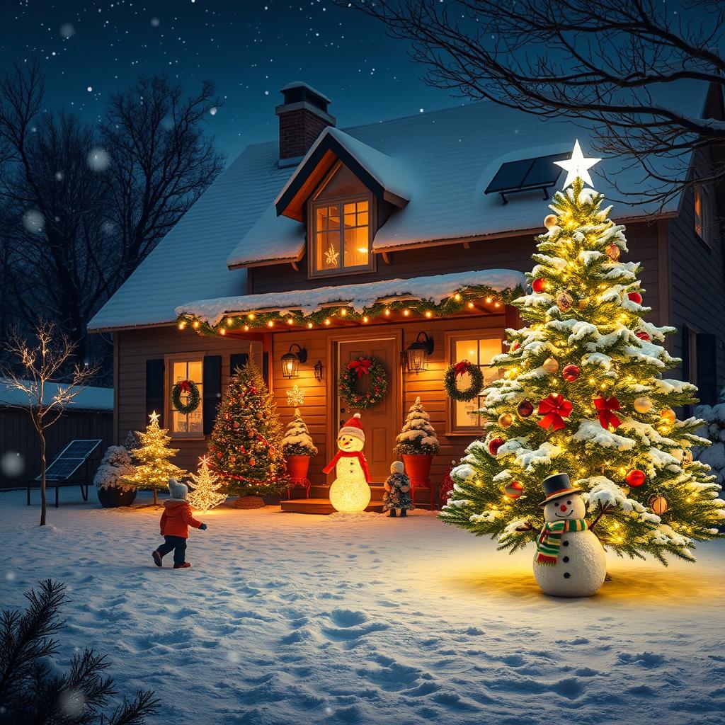 A beautifully decorated outdoor scene for Christmas, showcasing solar-powered decorations and lighting