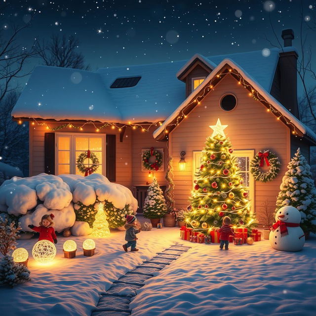 A beautifully decorated outdoor scene for Christmas, showcasing solar-powered decorations and lighting