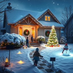 A beautifully decorated outdoor scene for Christmas, showcasing solar-powered decorations and lighting