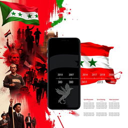 A visually striking phone wallpaper that combines elements symbolizing the Syrian revolution, featuring the iconic revolutionary flag prominently displayed
