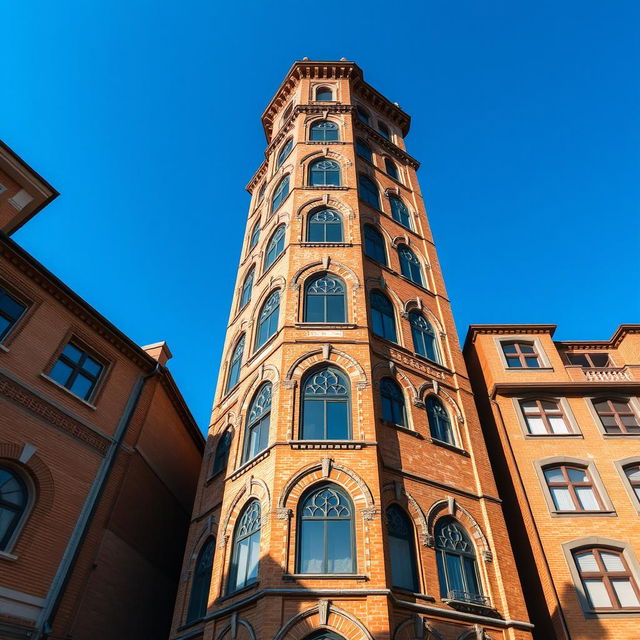 A stunning view of a 10-story residential tower with a width of 20 meters, designed in the Iranian Qajar architectural style