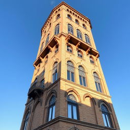 A stunning view of a 10-story residential tower with a width of 20 meters, designed in the Iranian Qajar architectural style