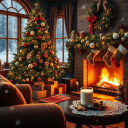A cozy Christmas scene featuring a beautifully decorated living room