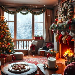 A cozy Christmas scene featuring a beautifully decorated living room