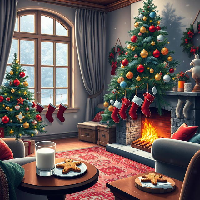 A cozy Christmas scene featuring a beautifully decorated living room