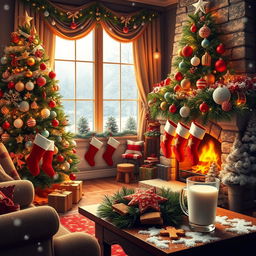A cozy Christmas scene featuring a beautifully decorated living room