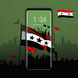 A captivating phone wallpaper that integrates themes from the Syrian revolution, prominently featuring the revolutionary flag