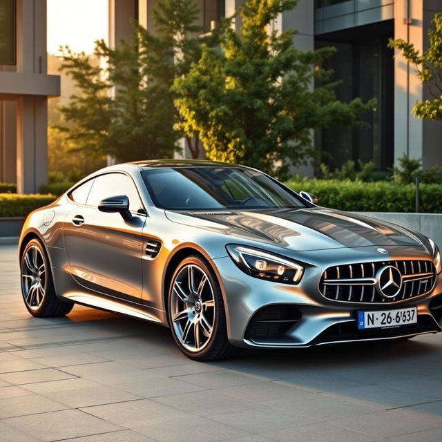 A luxurious, sleek, and high-performance car resembling a Mercedes-Benz, with elegant curves and a bold grille