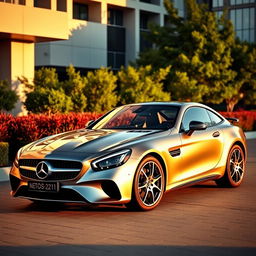 A luxurious, sleek, and high-performance car resembling a Mercedes-Benz, with elegant curves and a bold grille