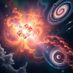 A vibrant cosmic scene depicting the formation of the universe after a big explosion