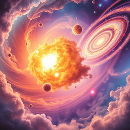 A vibrant cosmic scene depicting the formation of the universe after a big explosion