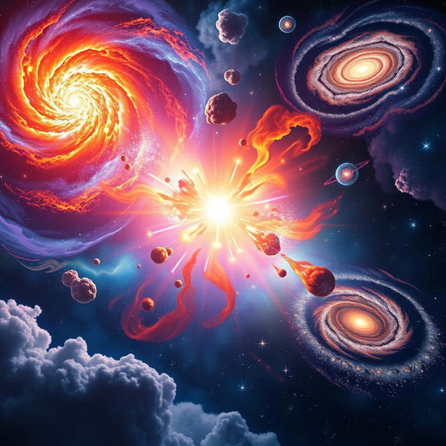 A vibrant cosmic scene depicting the formation of the universe after a big explosion