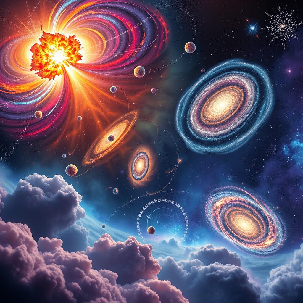 A vibrant cosmic scene depicting the formation of the universe after a big explosion