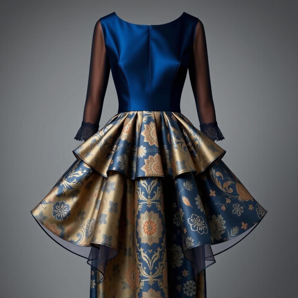 A stunning evening dress inspired by the number four, featuring four symmetrical layers that flow elegantly from the waist down