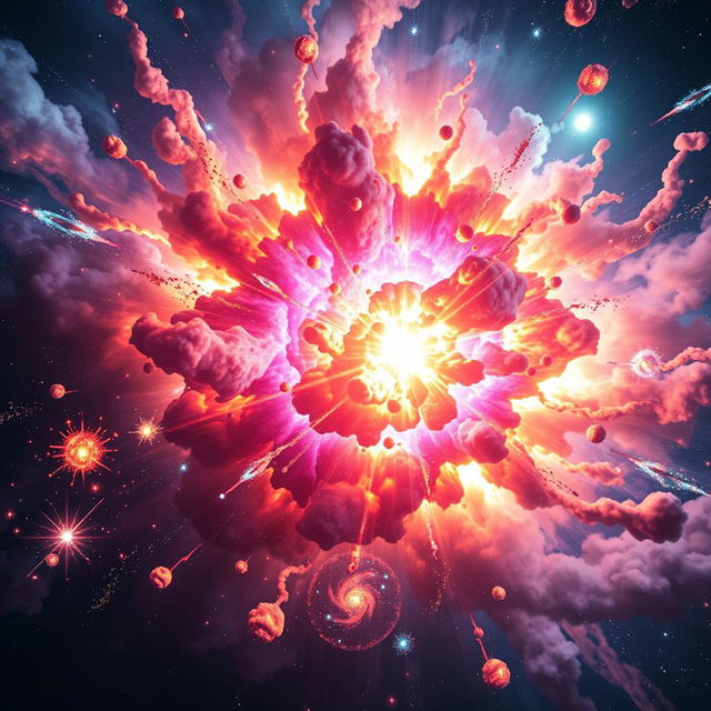 A stunning visualization of the Big Bang explosion, showcasing a vibrant and dynamic release of energy with colorful bursts and swirling patterns