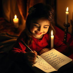 A young girl joyfully writing in her notebook by candlelight, her face illuminated with a warm glow