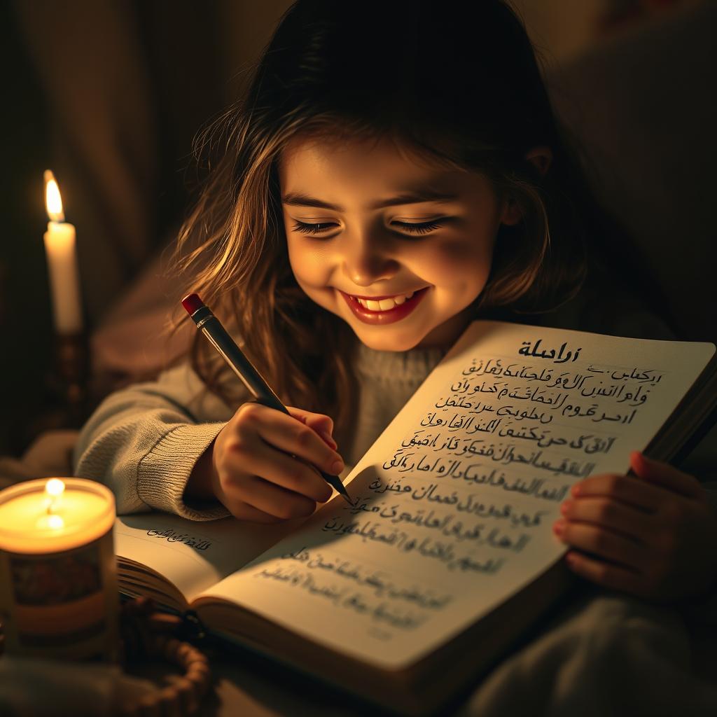 A young girl joyfully writing in her notebook by candlelight, her face illuminated with a warm glow