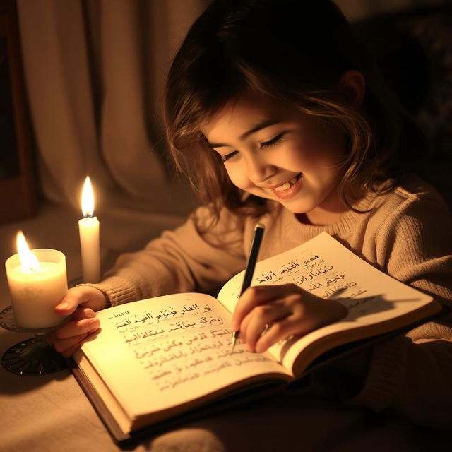 A young girl joyfully writing in her notebook by candlelight, her face illuminated with a warm glow