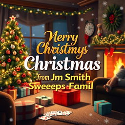 A festive scene depicting a Christmas celebration featuring the text 'Merry Christmas from John Smith Sweeps Family' elegantly integrated into the design