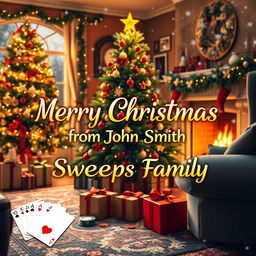 A festive scene depicting a Christmas celebration featuring the text 'Merry Christmas from John Smith Sweeps Family' elegantly integrated into the design