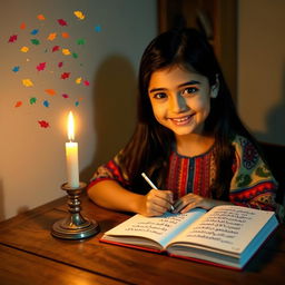 A young girl with a joyous smile, sitting at a wooden desk, illuminated by the warm glow of a flickering candle
