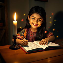 A young girl with a joyous smile, sitting at a wooden desk, illuminated by the warm glow of a flickering candle