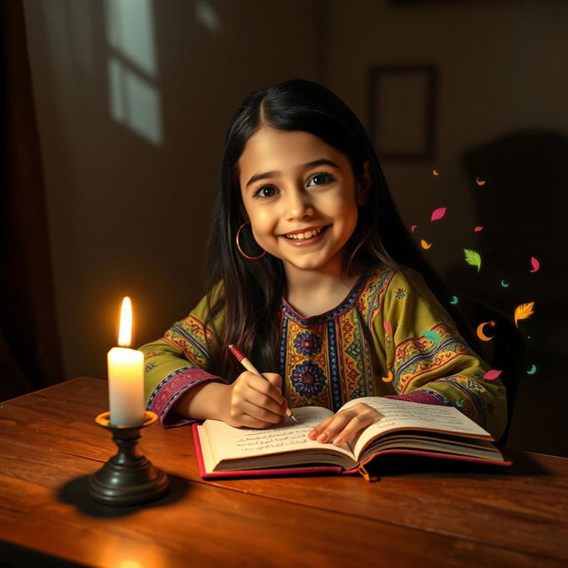 A young girl with a joyous smile, sitting at a wooden desk, illuminated by the warm glow of a flickering candle