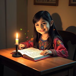 A young girl with a joyous smile, sitting at a wooden desk, illuminated by the warm glow of a flickering candle
