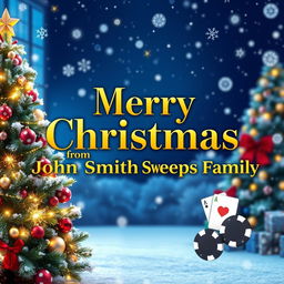 A vibrant and festive holiday-themed graphic featuring a cheerful Christmas scene with a beautifully decorated Christmas tree, twinkling lights, and snowflakes gently falling