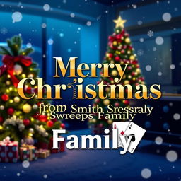 A vibrant and festive holiday-themed graphic featuring a cheerful Christmas scene with a beautifully decorated Christmas tree, twinkling lights, and snowflakes gently falling
