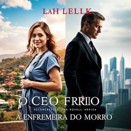 A captivating book cover for a romance novel titled 'O CEO FRIO E A ENFERMEIRA DO MORRO'