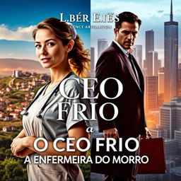 A captivating book cover for a romance novel titled 'O CEO FRIO E A ENFERMEIRA DO MORRO'
