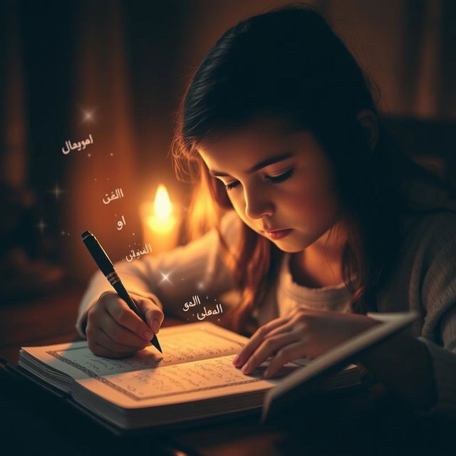 A young girl deeply focused on writing by candlelight, her expression serene and contemplative