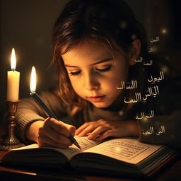 A young girl deeply focused on writing by candlelight, her expression serene and contemplative