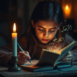 A young girl deeply focused on writing by candlelight, her expression serene and contemplative