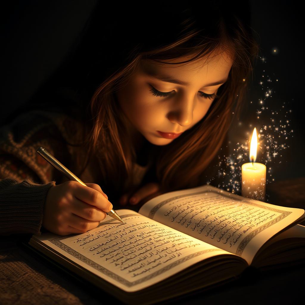 A young girl deeply focused on writing by candlelight, her expression serene and contemplative