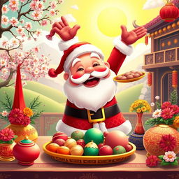 A whimsical scene featuring Santa Claus joyously celebrating Norooz, the Persian New Year