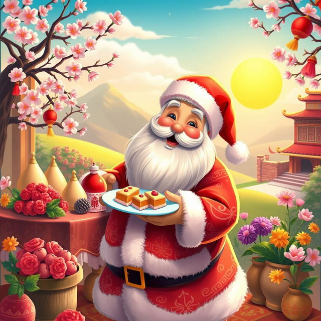 A whimsical scene featuring Santa Claus joyously celebrating Norooz, the Persian New Year