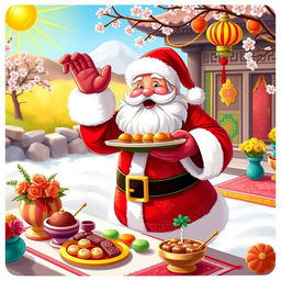 A whimsical scene featuring Santa Claus joyously celebrating Norooz, the Persian New Year