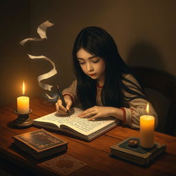 A girl with long flowing black hair, seated at a wooden table, writing diligently in a notebook under the warm flicker of candlelight