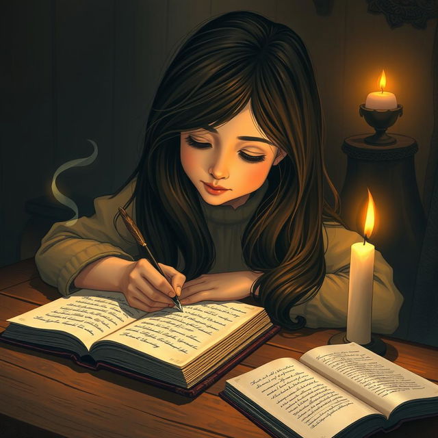 A girl with long flowing black hair, seated at a wooden table, writing diligently in a notebook under the warm flicker of candlelight