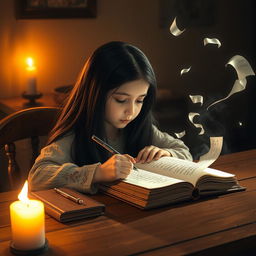 A girl with long flowing black hair, seated at a wooden table, writing diligently in a notebook under the warm flicker of candlelight